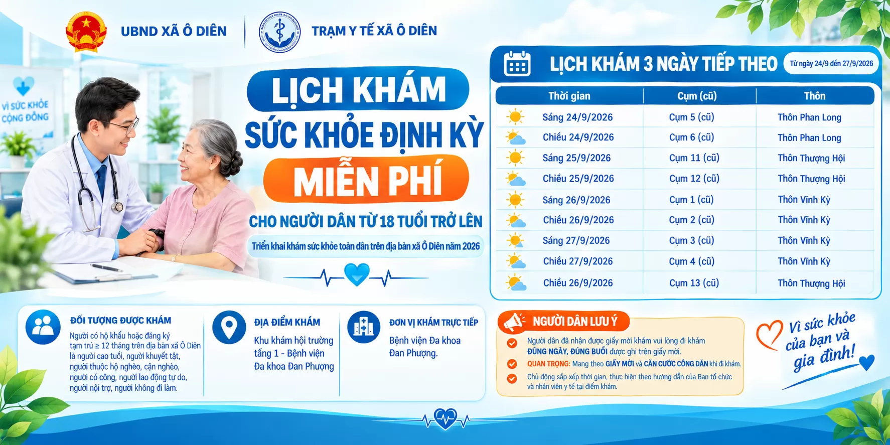 LỊCH KHÁM SỨC KHỎE ĐỊNH KỲ MIỄN PHÍ CHO NGƯỜI DÂN TỪ 18 TUỔI TRỞ LÊN – THỜI GIAN 24-27/09/2026